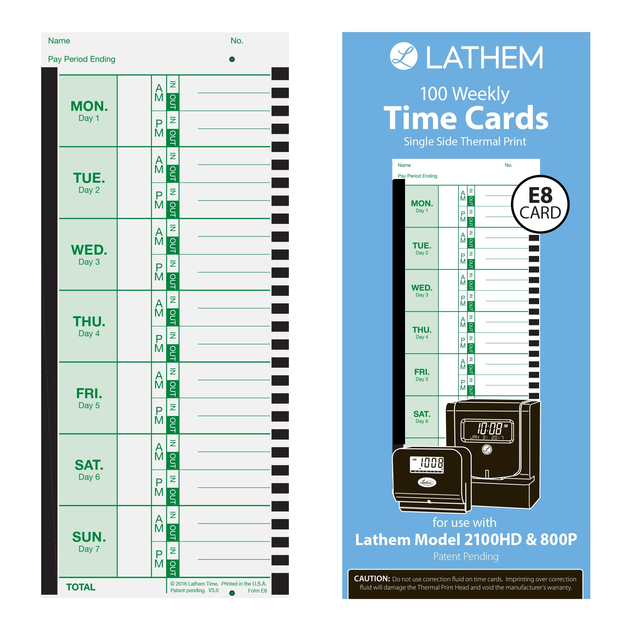 Lathem Weekly Thermal Print Time Cards, Single Sided 2100HD and 800P Time Clocks, 9", 100 Pack (E8-100)
