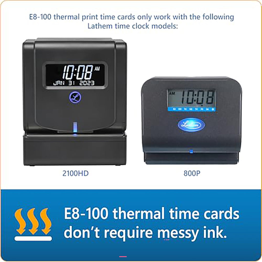 Lathem Weekly Thermal Print Time Cards, Single Sided 2100HD and 800P Time Clocks, 9", 100 Pack (E8-100)
