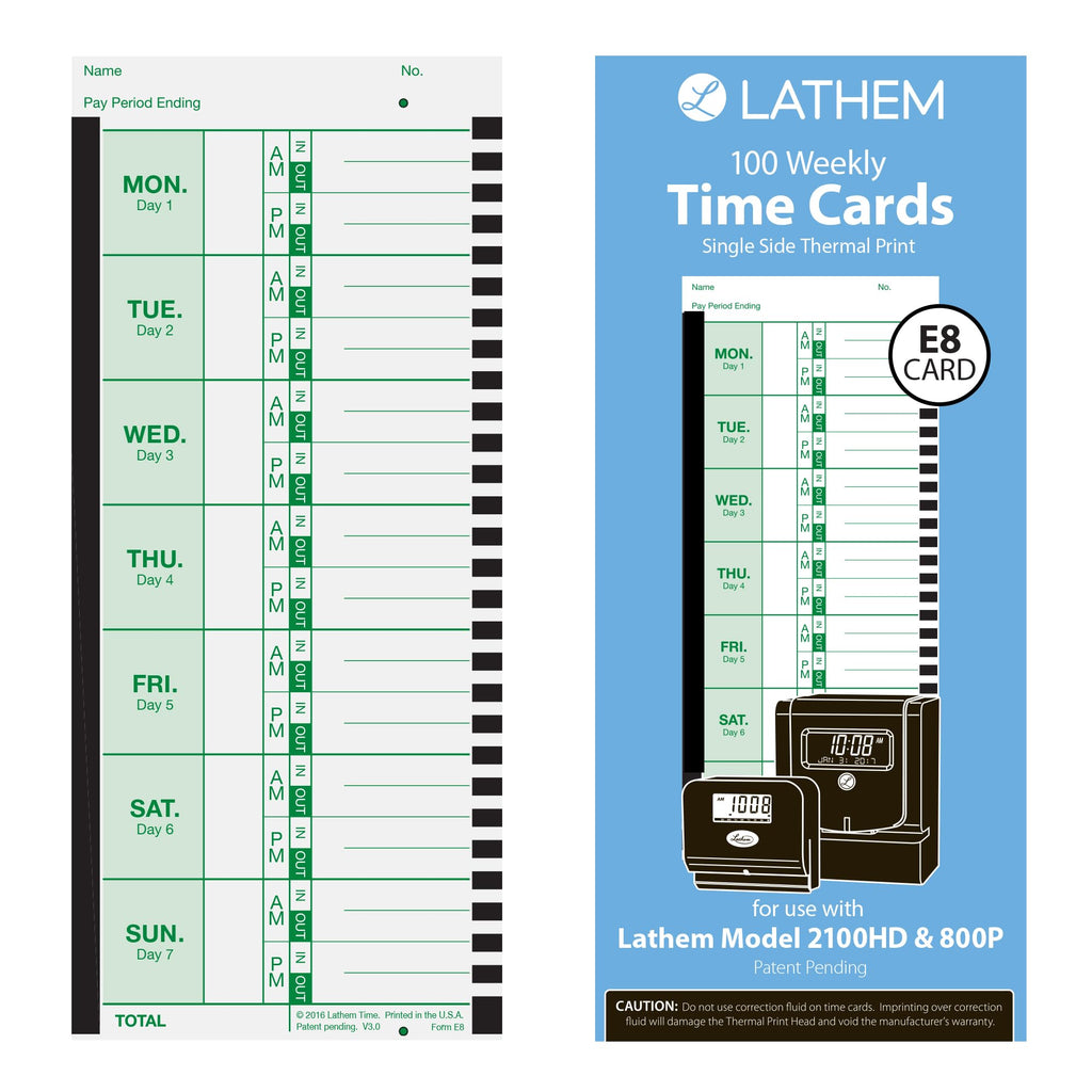 Lathem Weekly Thermal Print Time Cards, Single Sided 2100HD and 800P Time Clocks, 9", 100 Pack (E8-100)