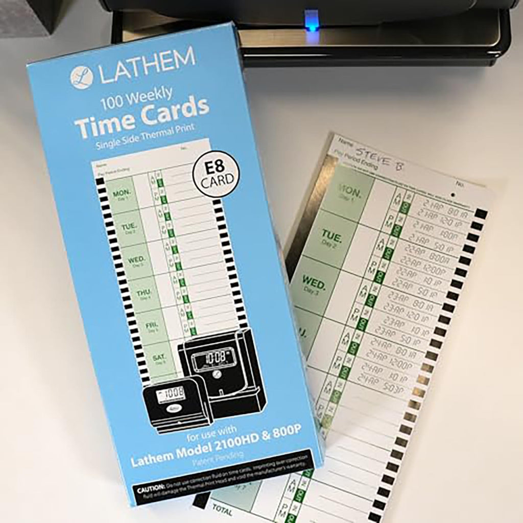 Lathem Weekly Thermal Print Time Cards, Single Sided 2100HD and 800P Time Clocks, 9", 100 Pack (E8-100)